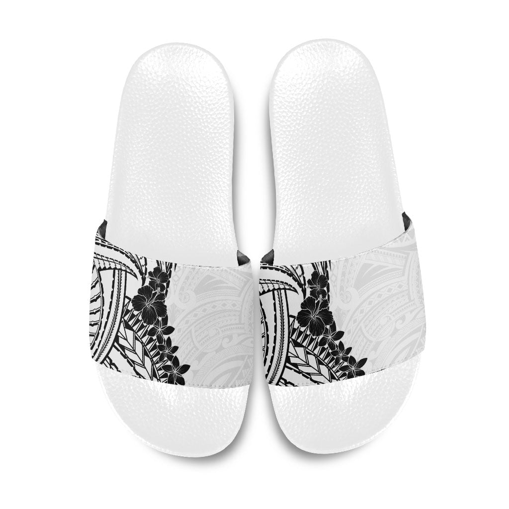 Black White Polynesia Tropical Flowers Slide Sandals LT14 White - Polynesian Pride