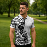 Black White Polynesia Tropical Flowers Zipper Polo Shirt LT14 - Polynesian Pride