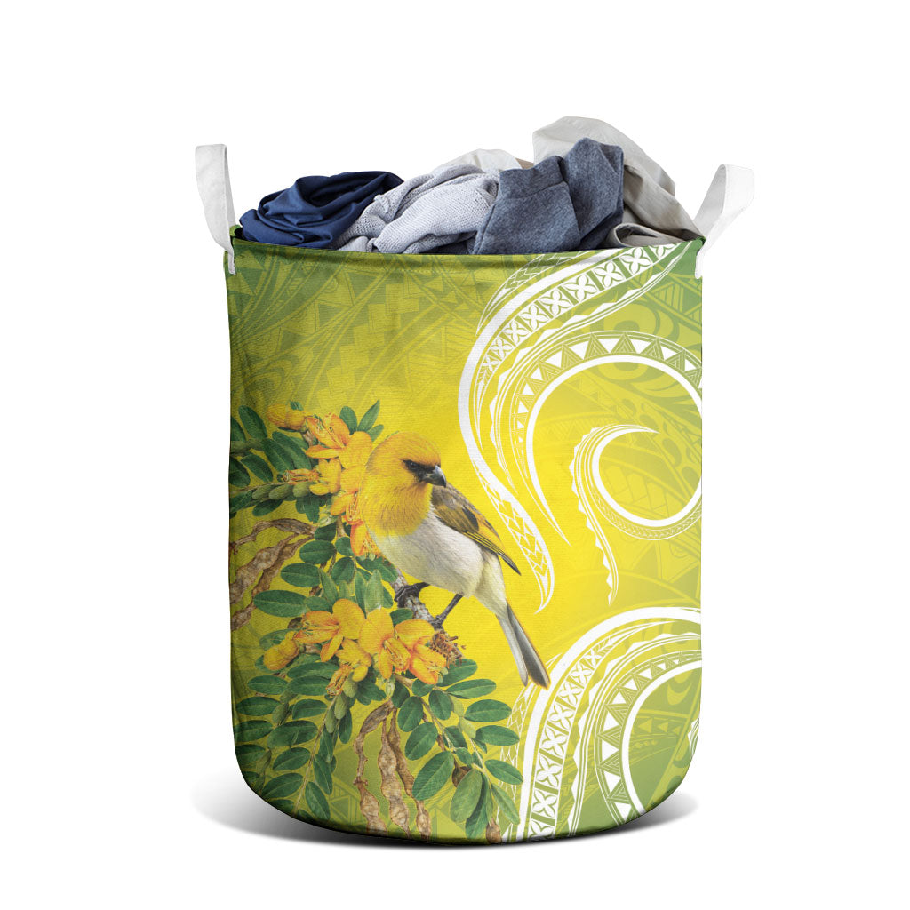 Hawaii Palila Mamane Laundry Basket Hawaiian Honeycreeper With Native Flower LT14 - Polynesian Pride