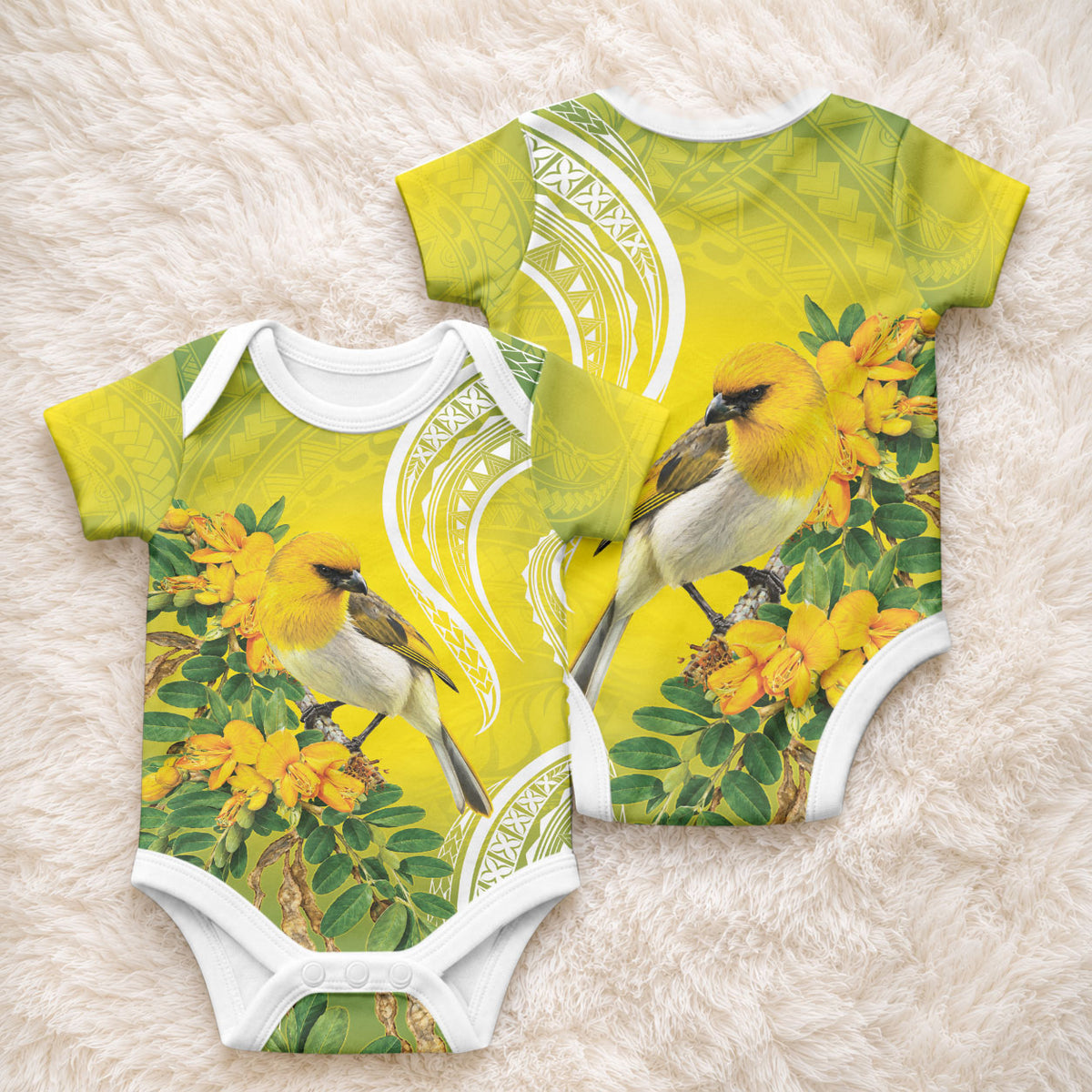 Hawaii Palila Mamane Baby Onesie Hawaiian Honeycreeper With Native Flower LT14 - Polynesian Pride
