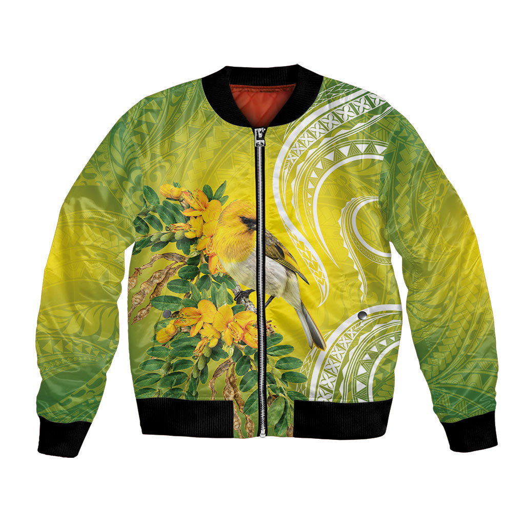 Hawaii Palila Mamane Bomber Jacket Hawaiian Honeycreeper With Native Flower