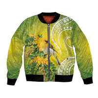 Hawaii Palila Mamane Bomber Jacket Hawaiian Honeycreeper With Native Flower
