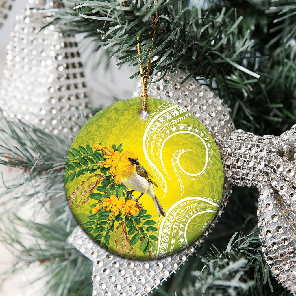 Hawaii Palila Mamane Ceramic Ornament Hawaiian Honeycreeper With Native Flower LT14 - Polynesian Pride