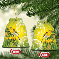 Hawaii Palila Mamane Ceramic Ornament Hawaiian Honeycreeper With Native Flower LT14 Bell Flake Green - Polynesian Pride