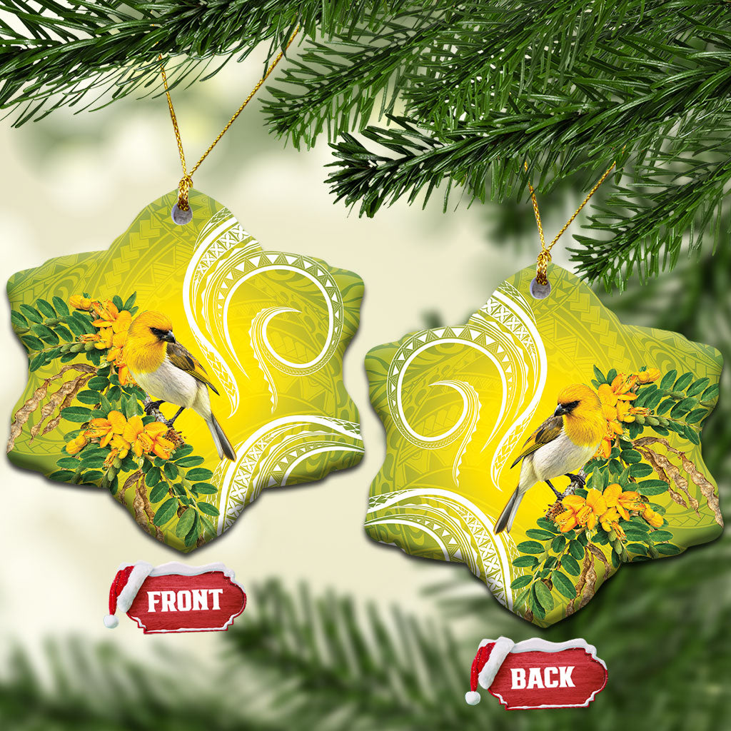 Hawaii Palila Mamane Ceramic Ornament Hawaiian Honeycreeper With Native Flower LT14 Snow Flake Green - Polynesian Pride