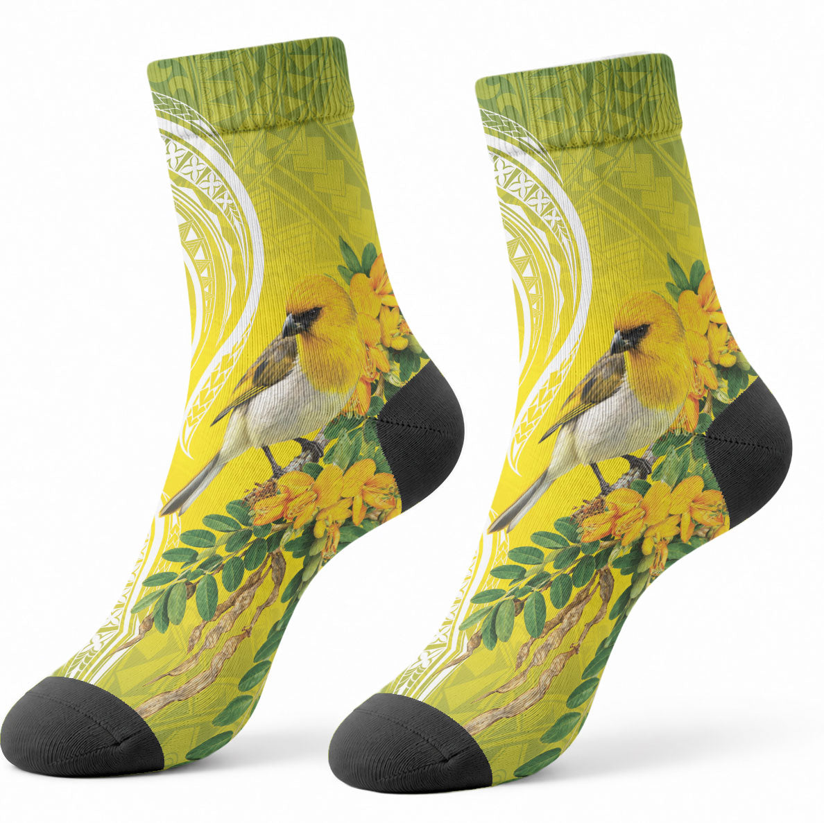 Hawaii Palila Mamane Crew Socks Hawaiian Honeycreeper With Native Flower LT14 - Polynesian Pride