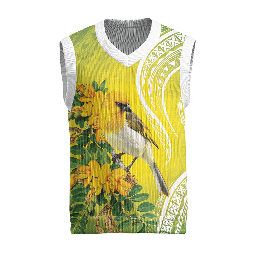Hawaii Palila Mamane Christmas Knitted V-Neck Vest Hawaiian Honeycreeper With Native Flower