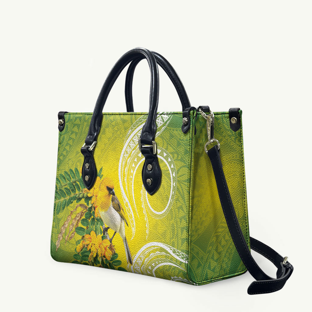 Hawaii Palila Mamane Leather Bag Hawaiian Honeycreeper With Native Flower LT14 Green - Polynesian Pride