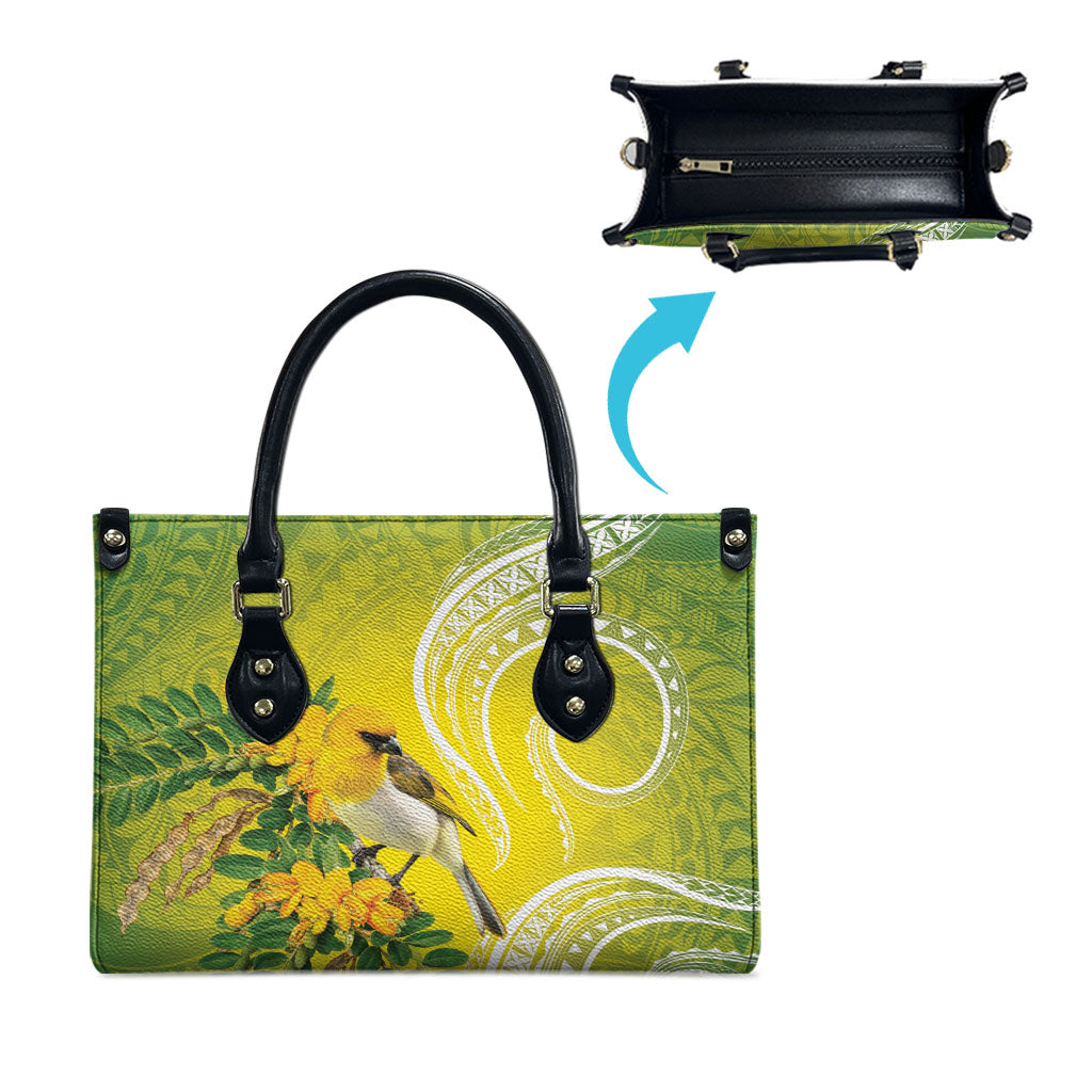 Hawaii Palila Mamane Leather Bag Hawaiian Honeycreeper With Native Flower LT14 - Polynesian Pride