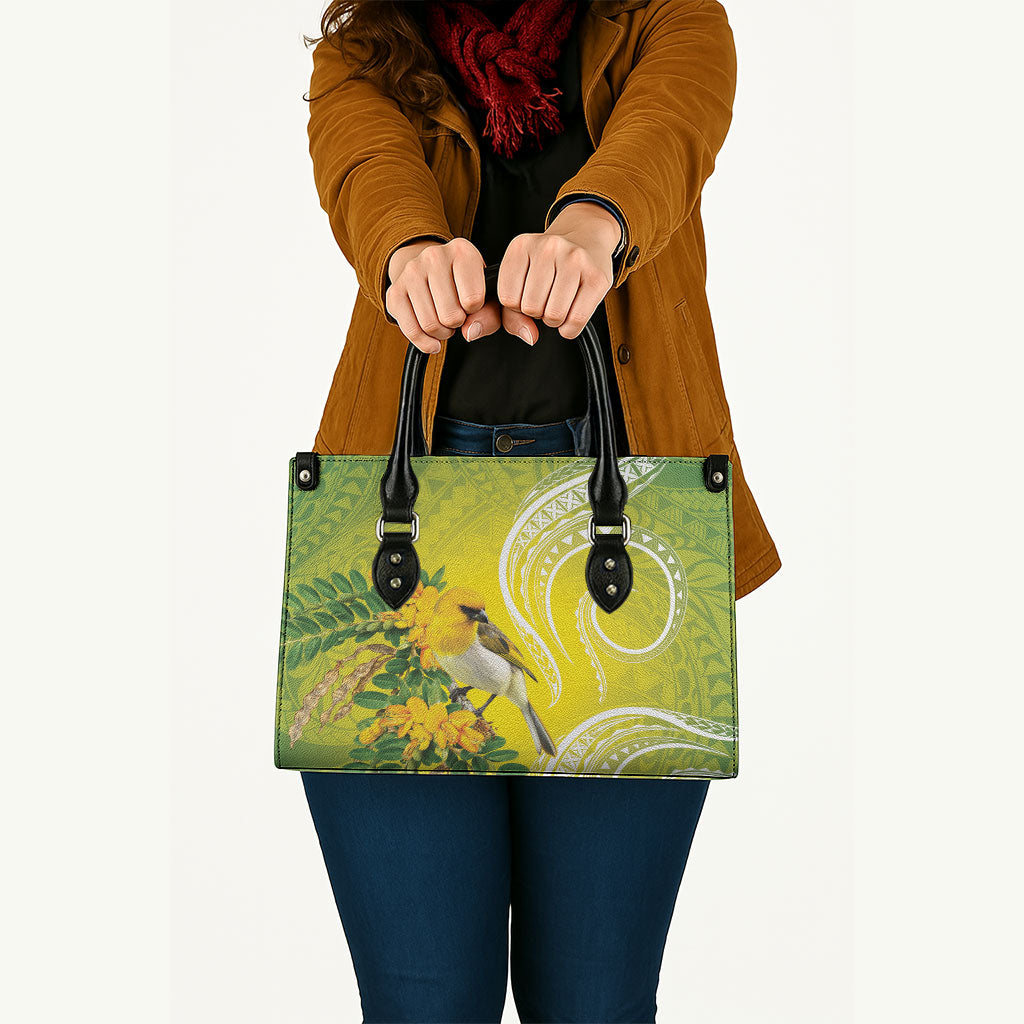 Hawaii Palila Mamane Leather Bag Hawaiian Honeycreeper With Native Flower LT14 - Polynesian Pride