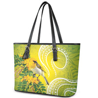 Hawaii Palila Mamane Leather Tote Bag Hawaiian Honeycreeper With Native Flower LT14 - Polynesian Pride