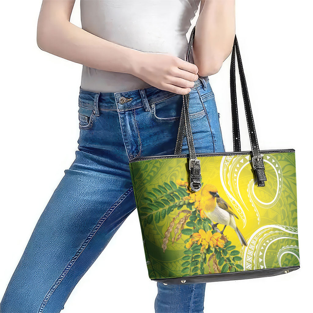 Hawaii Palila Mamane Leather Tote Bag Hawaiian Honeycreeper With Native Flower LT14 - Polynesian Pride