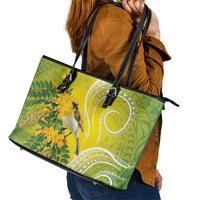 Hawaii Palila Mamane Leather Tote Bag Hawaiian Honeycreeper With Native Flower LT14 - Polynesian Pride