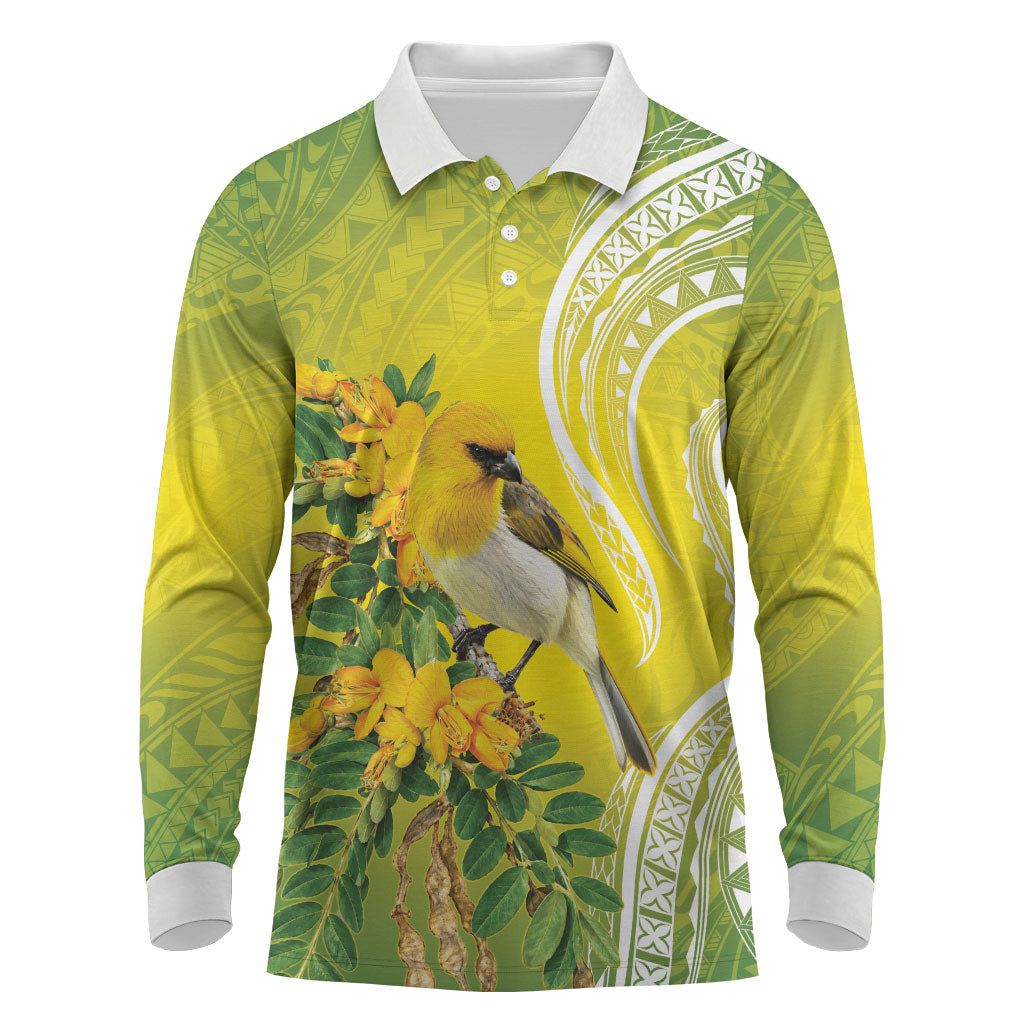Hawaii Palila Mamane Long Sleeve Polo Shirt Hawaiian Honeycreeper With Native Flower