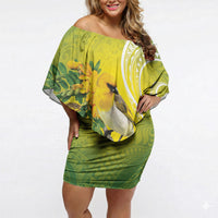 Hawaii Palila Mamane Off Shoulder Short Dress Hawaiian Honeycreeper With Native Flower LT14 Women Green - Polynesian Pride