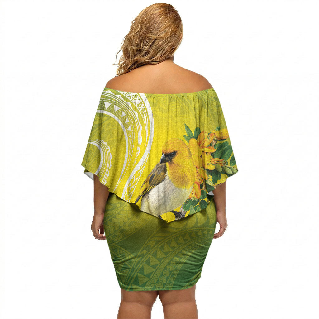 Hawaii Palila Mamane Off Shoulder Short Dress Hawaiian Honeycreeper With Native Flower LT14 - Polynesian Pride