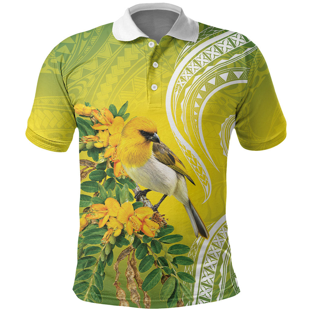 Hawaii Palila Mamane Polo Shirt Hawaiian Honeycreeper With Native Flower LT14 Green - Polynesian Pride