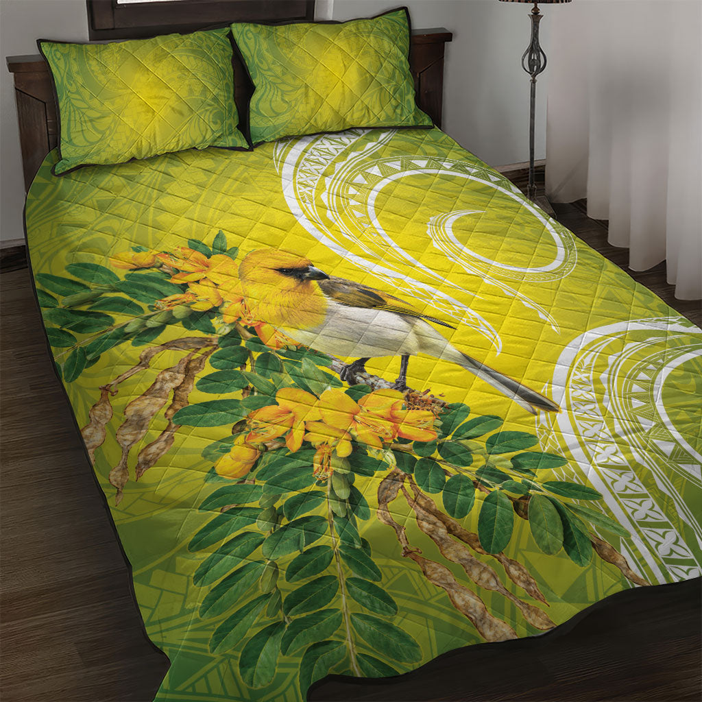Hawaii Palila Mamane Quilt Bed Set Hawaiian Honeycreeper With Native Flower