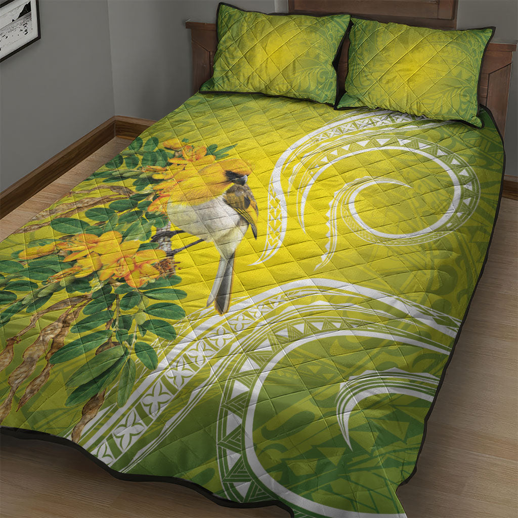 Hawaii Palila Mamane Quilt Bed Set Hawaiian Honeycreeper With Native Flower