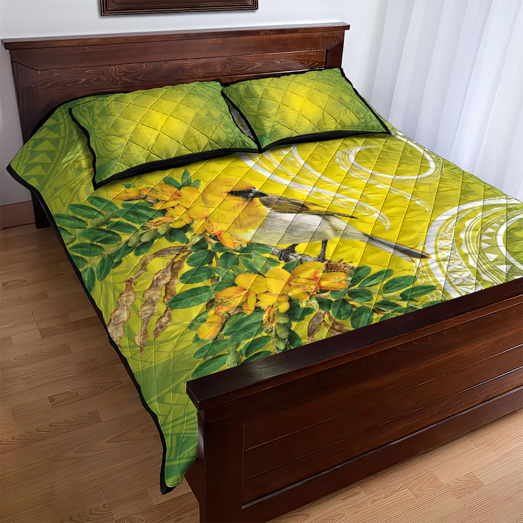 Hawaii Palila Mamane Quilt Bed Set Hawaiian Honeycreeper With Native Flower
