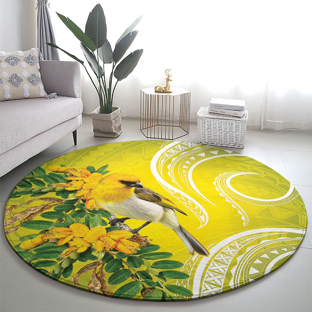 Hawaii Palila Mamane Round Carpet Hawaiian Honeycreeper With Native Flower LT14 - Polynesian Pride
