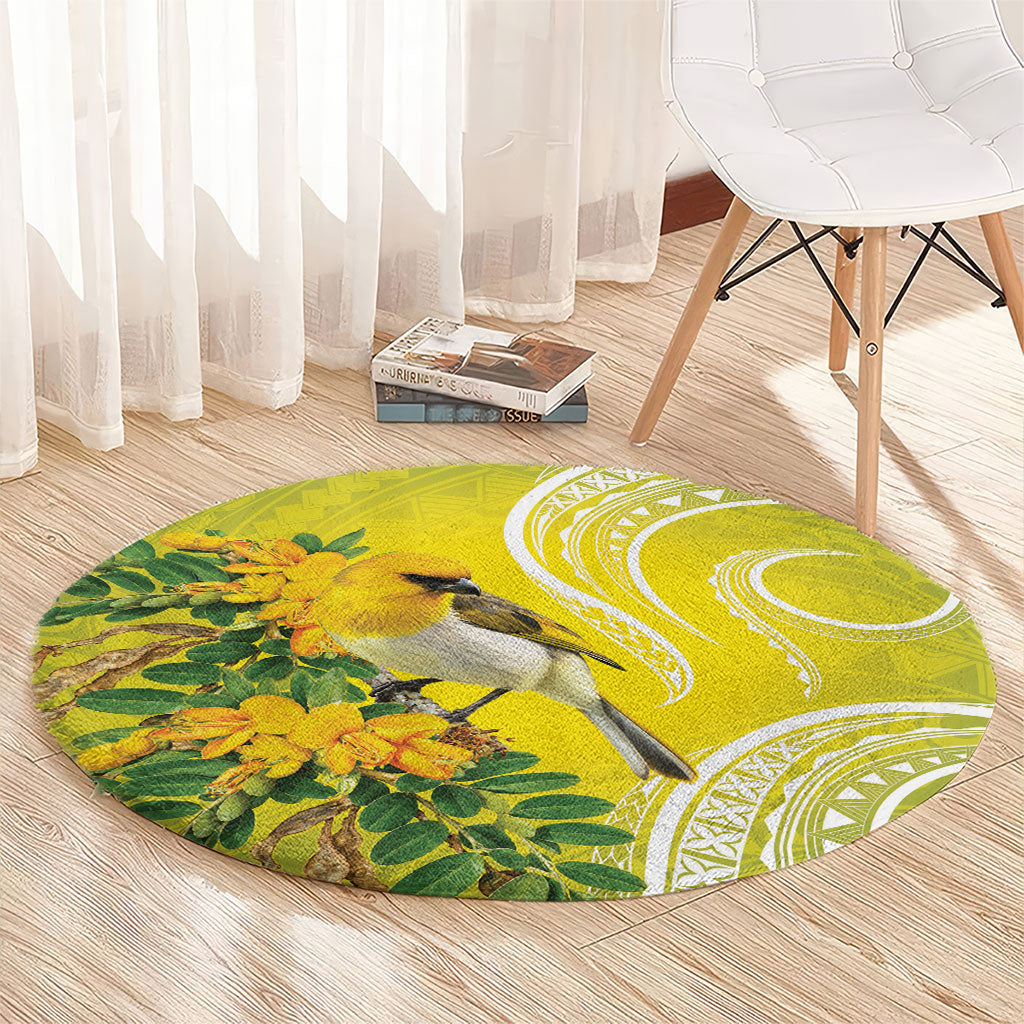Hawaii Palila Mamane Round Carpet Hawaiian Honeycreeper With Native Flower LT14 - Polynesian Pride