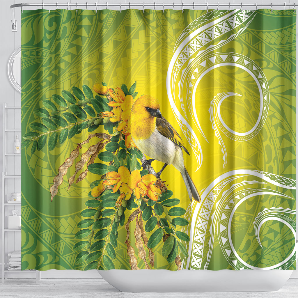 Hawaii Palila Mamane Shower Curtain Hawaiian Honeycreeper With Native Flower LT14 - Polynesian Pride