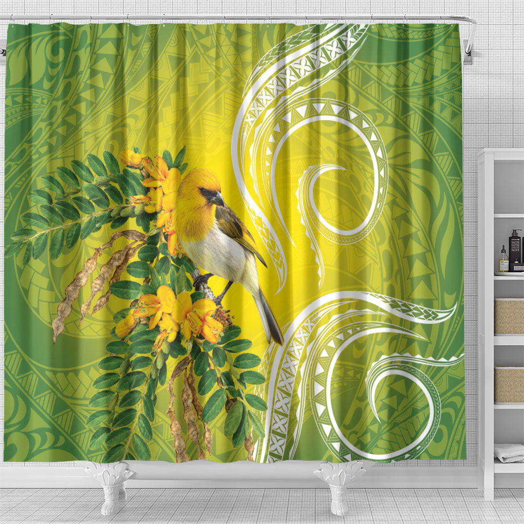 Hawaii Palila Mamane Shower Curtain Hawaiian Honeycreeper With Native Flower LT14 - Polynesian Pride