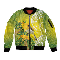 Hawaii Palila Mamane Sleeve Zip Bomber Jacket Hawaiian Honeycreeper With Native Flower LT14 Unisex Green - Polynesian Pride
