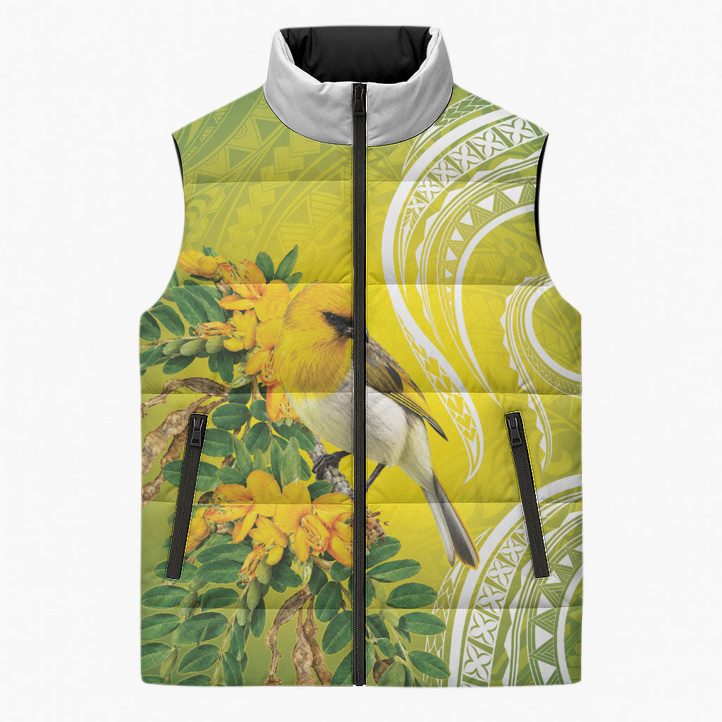Hawaii Palila Mamane Sleeveless Puffer Jacket Hawaiian Honeycreeper With Native Flower LT14 Unisex Green - Polynesian Pride