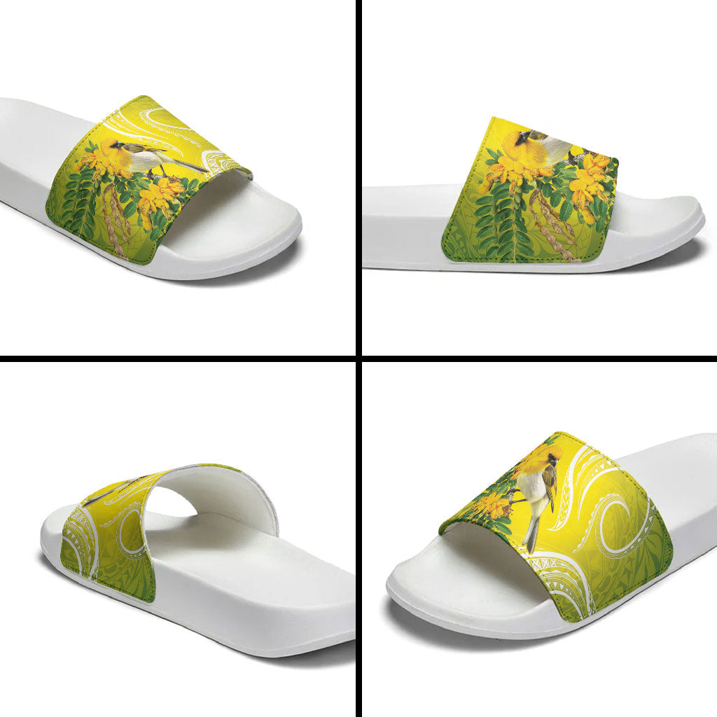 Hawaii Palila Mamane Slide Sandals Hawaiian Honeycreeper With Native Flower