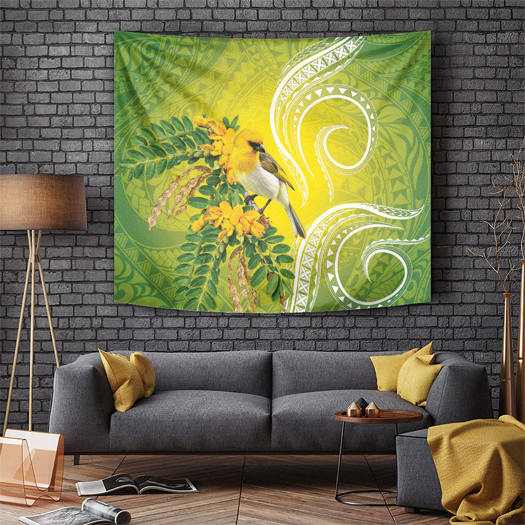 Hawaii Palila Mamane Tapestry Hawaiian Honeycreeper With Native Flower LT14 Green - Polynesian Pride