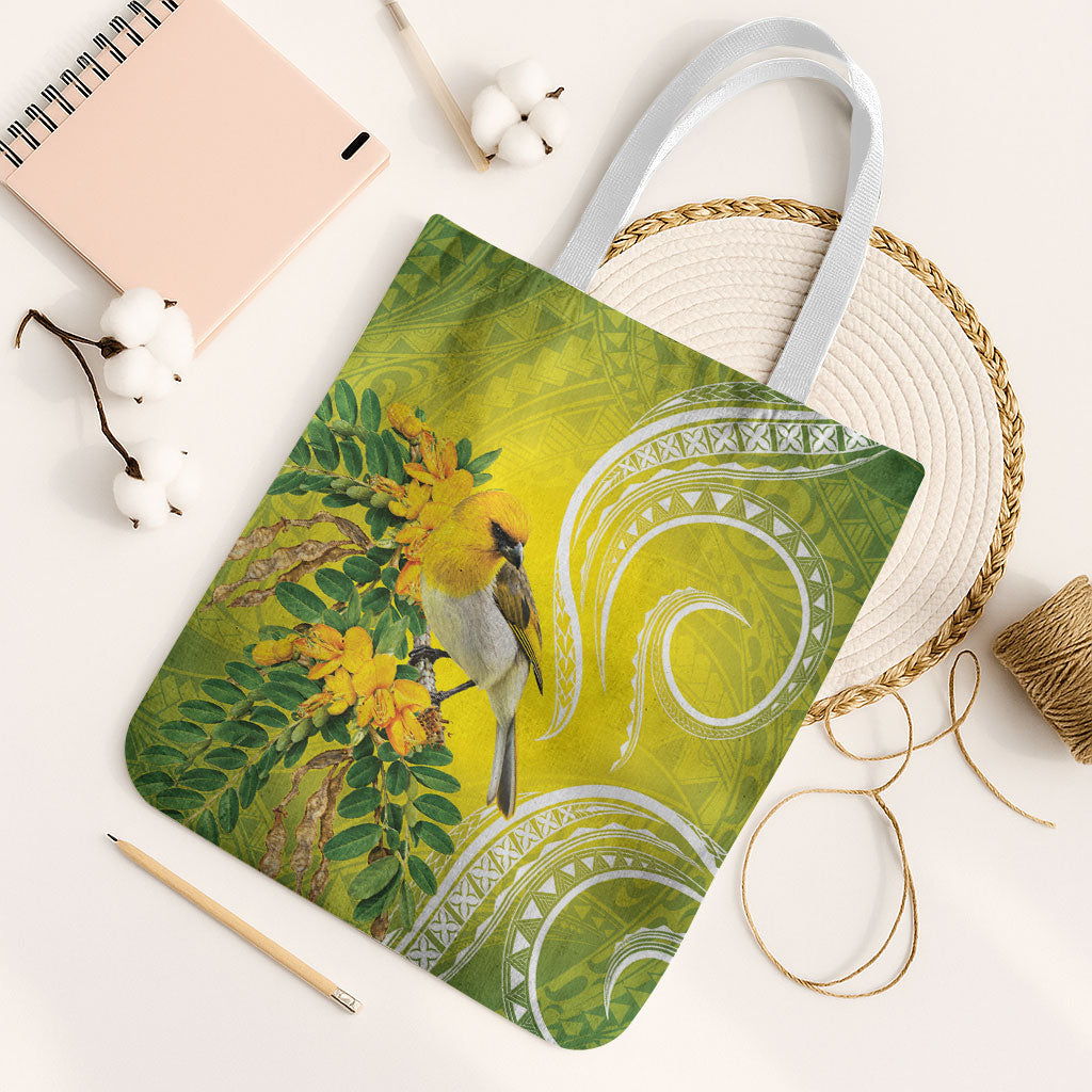 Hawaii Palila Mamane Tote Bag Hawaiian Honeycreeper With Native Flower LT14 White Strap One Size Green - Polynesian Pride