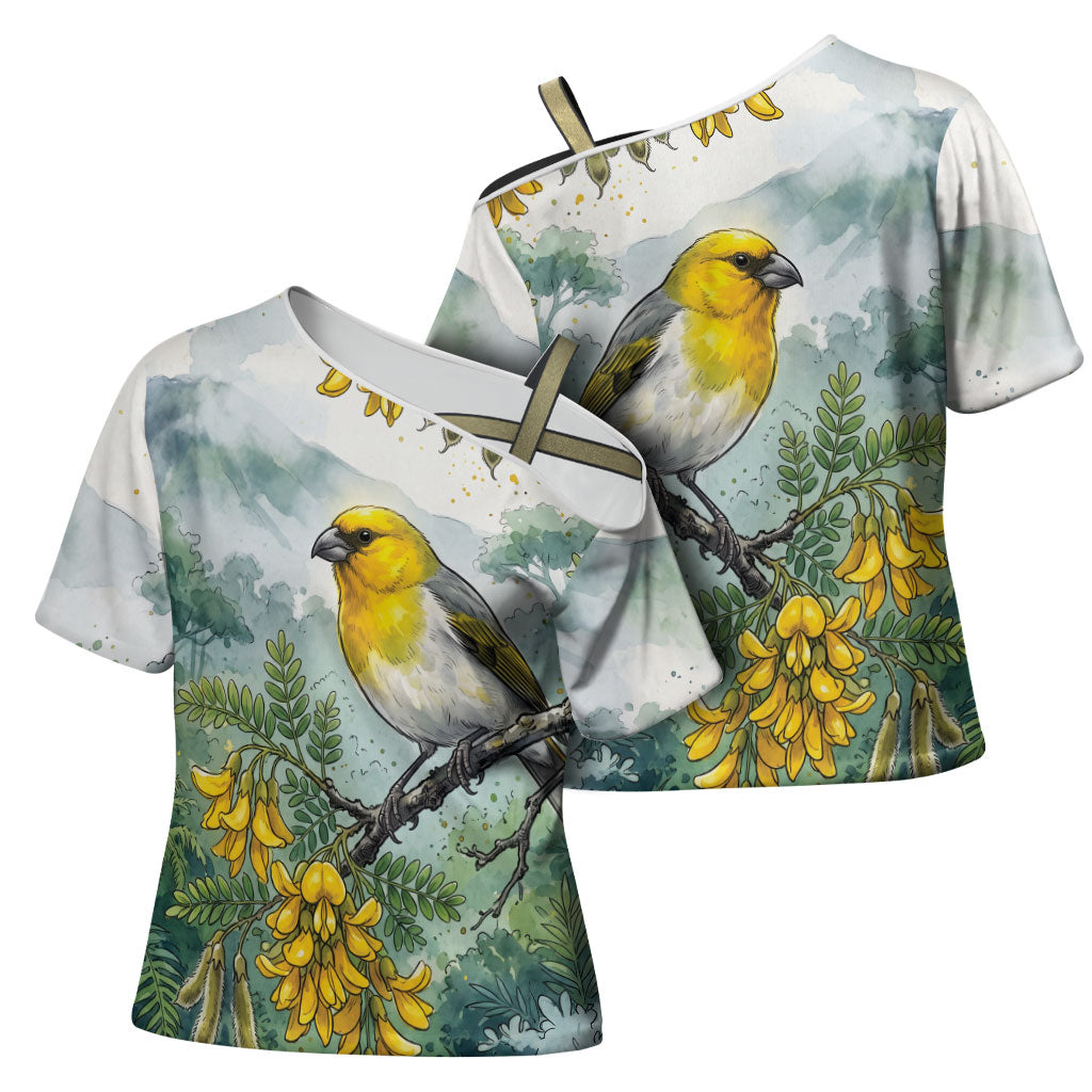 Aloha Hawaii Palila Mamane Watercolor Cross Shoulder Shirt