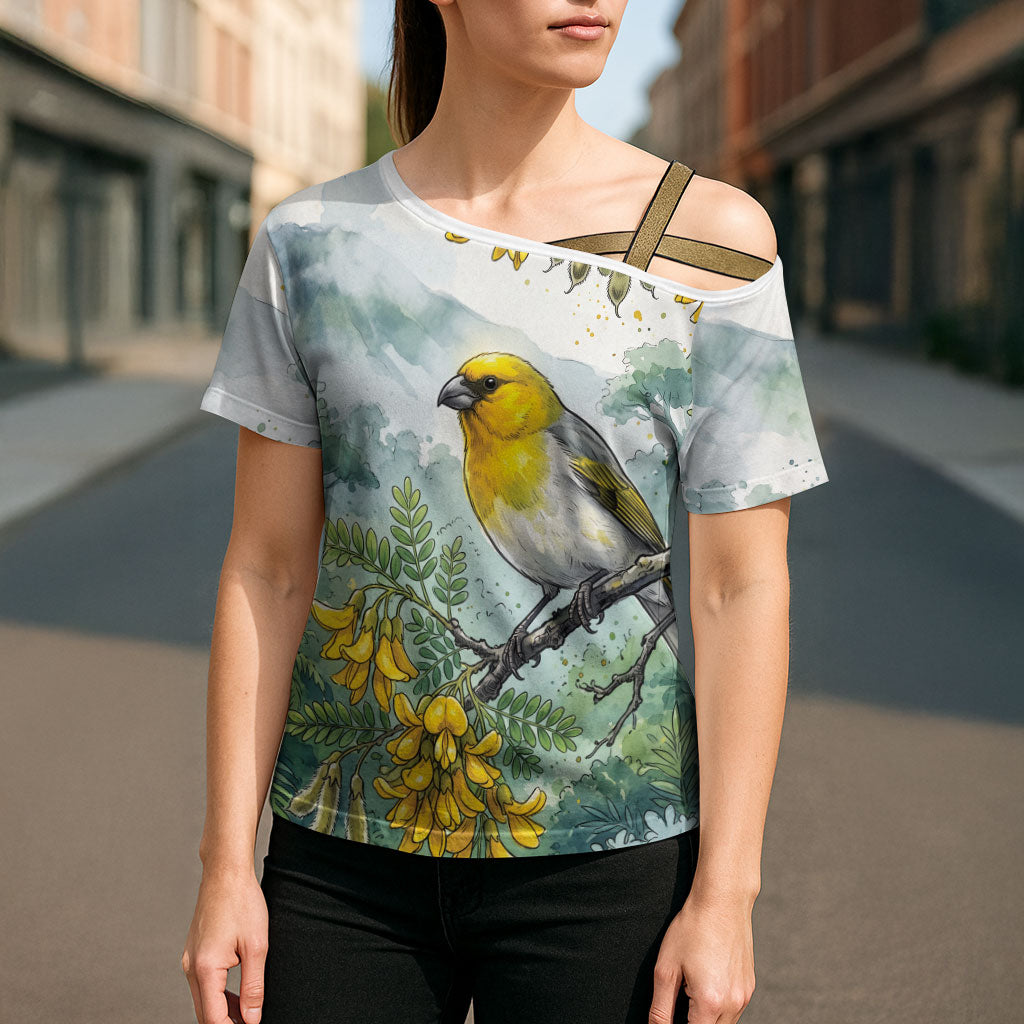Aloha Hawaii Palila Mamane Watercolor Cross Shoulder Shirt