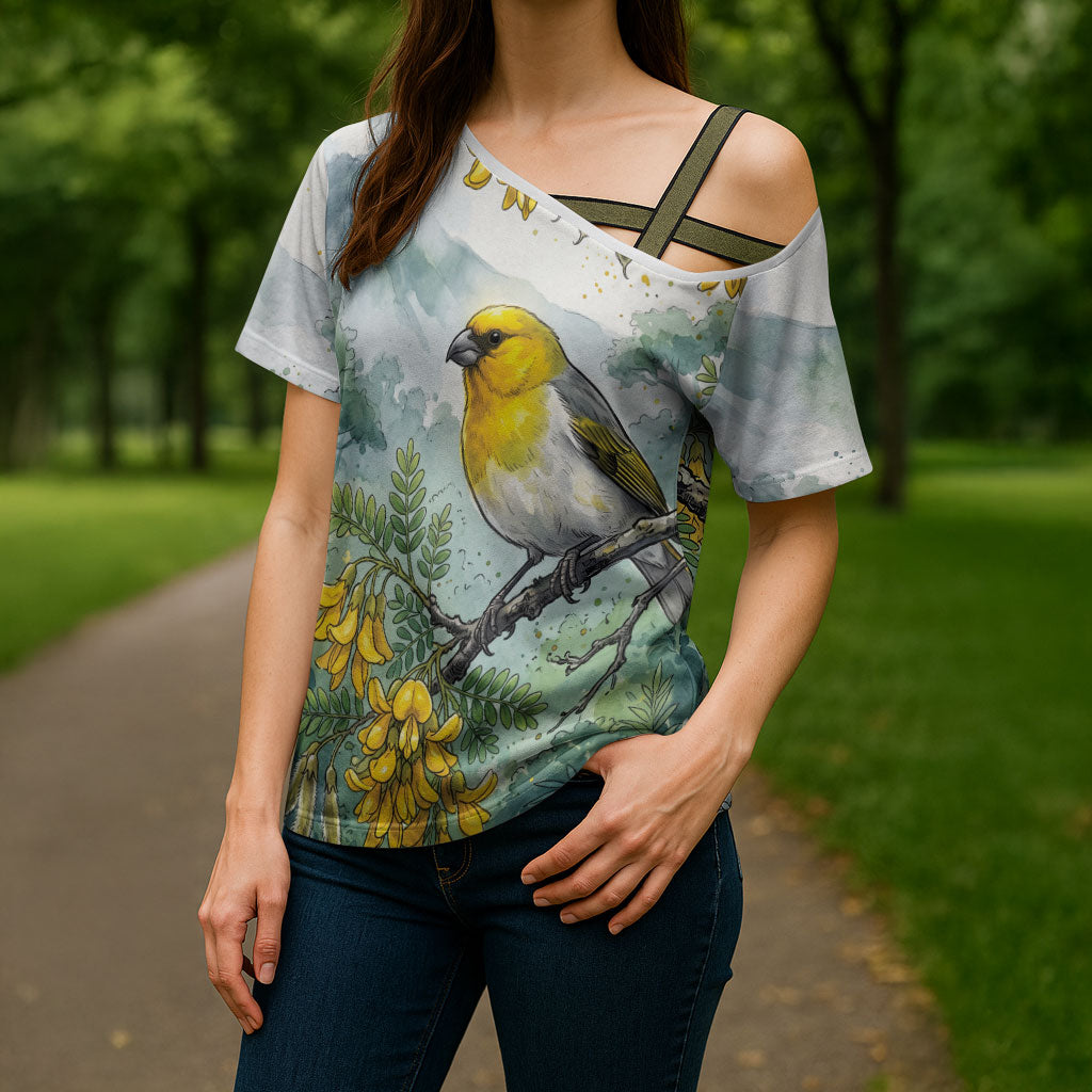 Aloha Hawaii Palila Mamane Watercolor Cross Shoulder Shirt