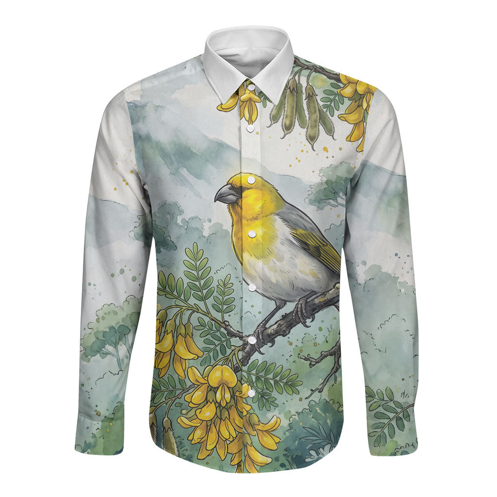 Aloha Hawaii Palila Mamane Watercolor Long Sleeve Button Shirt LT14 Unisex Watercolor - Polynesian Pride