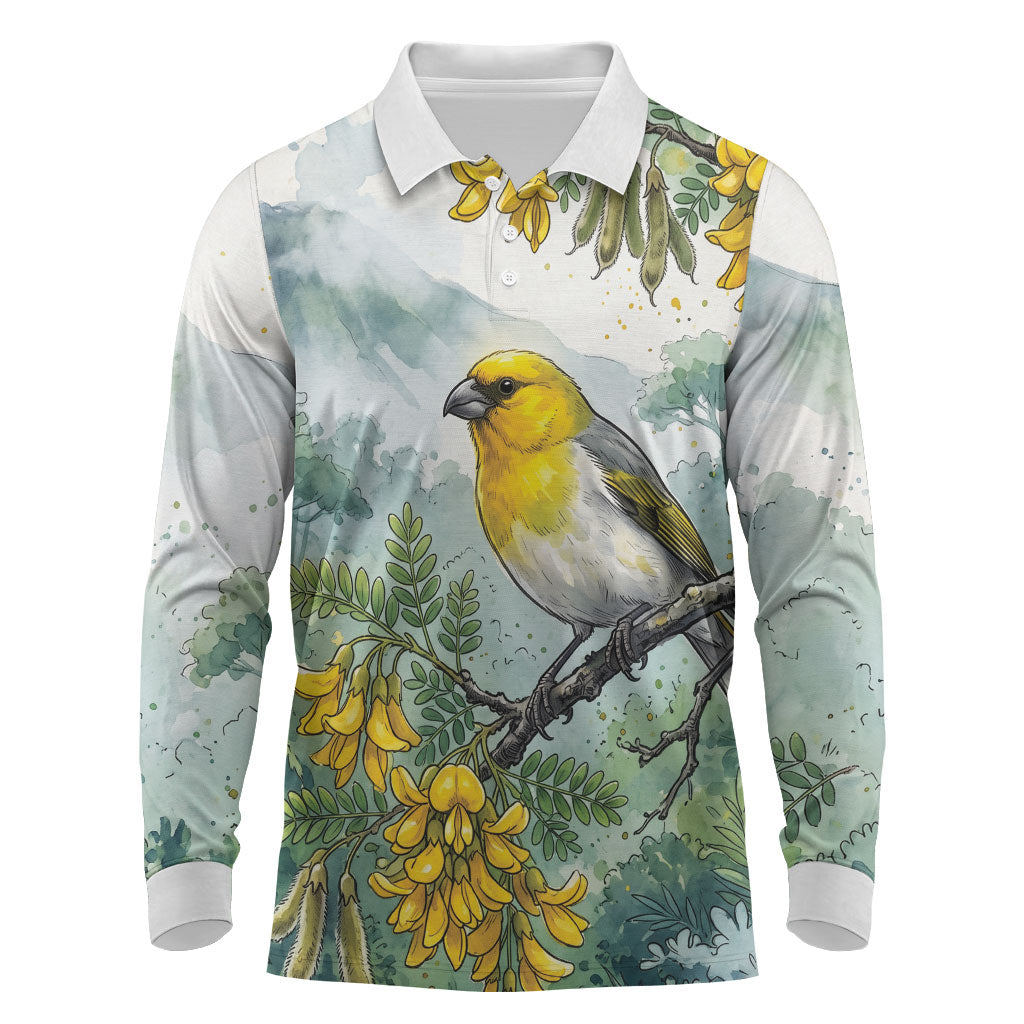 Aloha Hawaii Palila Mamane Watercolor Long Sleeve Polo Shirt