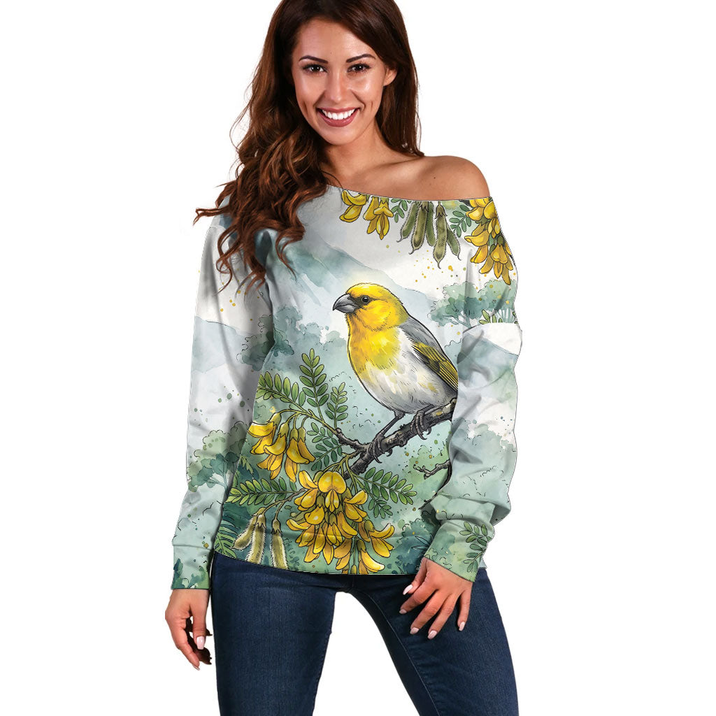 Aloha Hawaii Palila Mamane Watercolor Off Shoulder Sweater LT14 Women Watercolor - Polynesian Pride