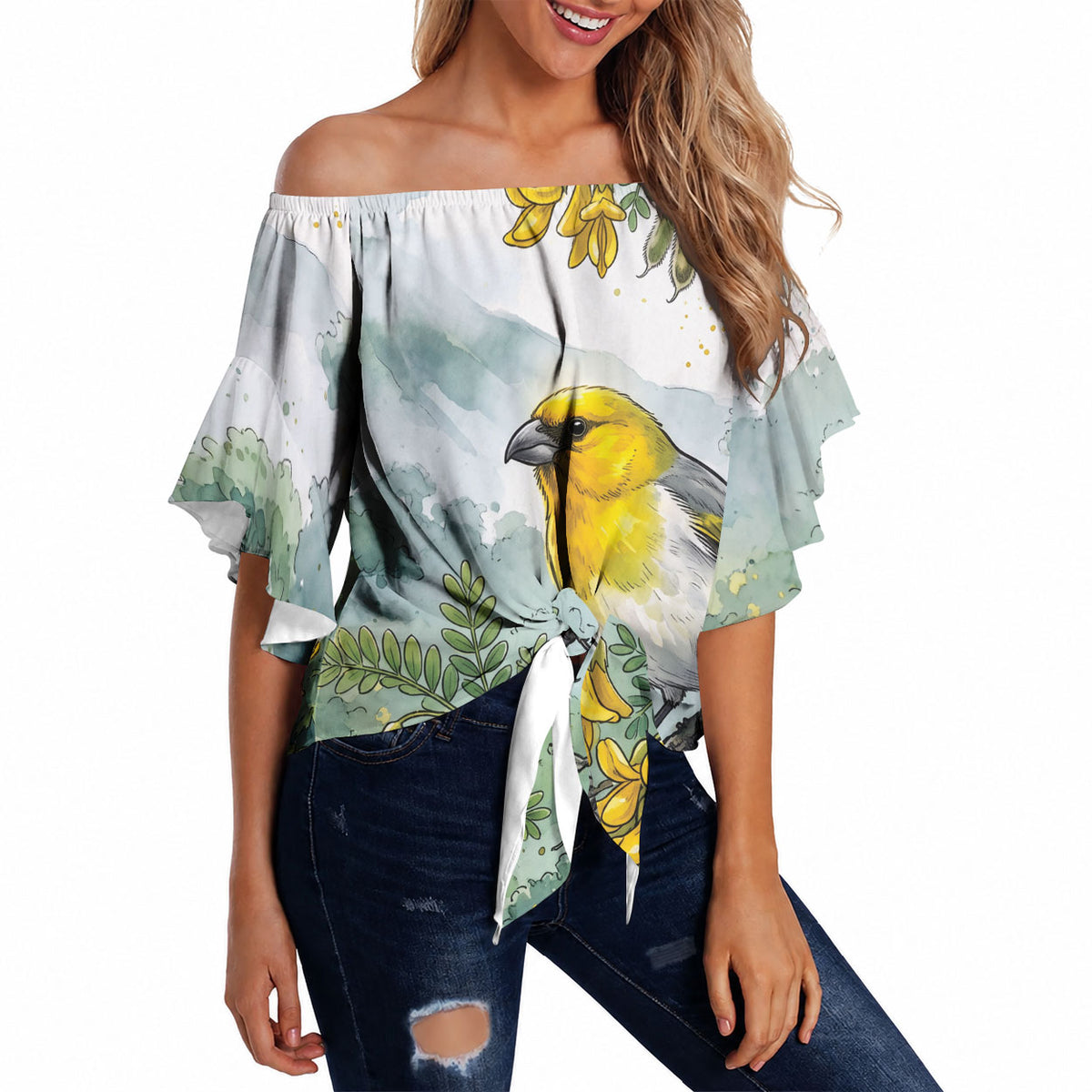 Aloha Hawaii Palila Mamane Watercolor Off Shoulder Wrap Waist Top LT14 Watercolor - Polynesian Pride