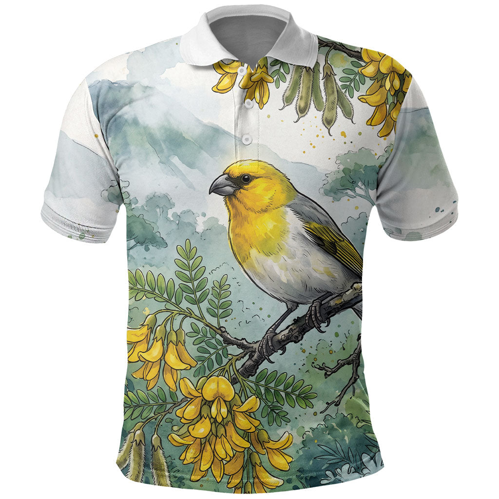 Aloha Hawaii Palila Mamane Watercolor Polo Shirt
