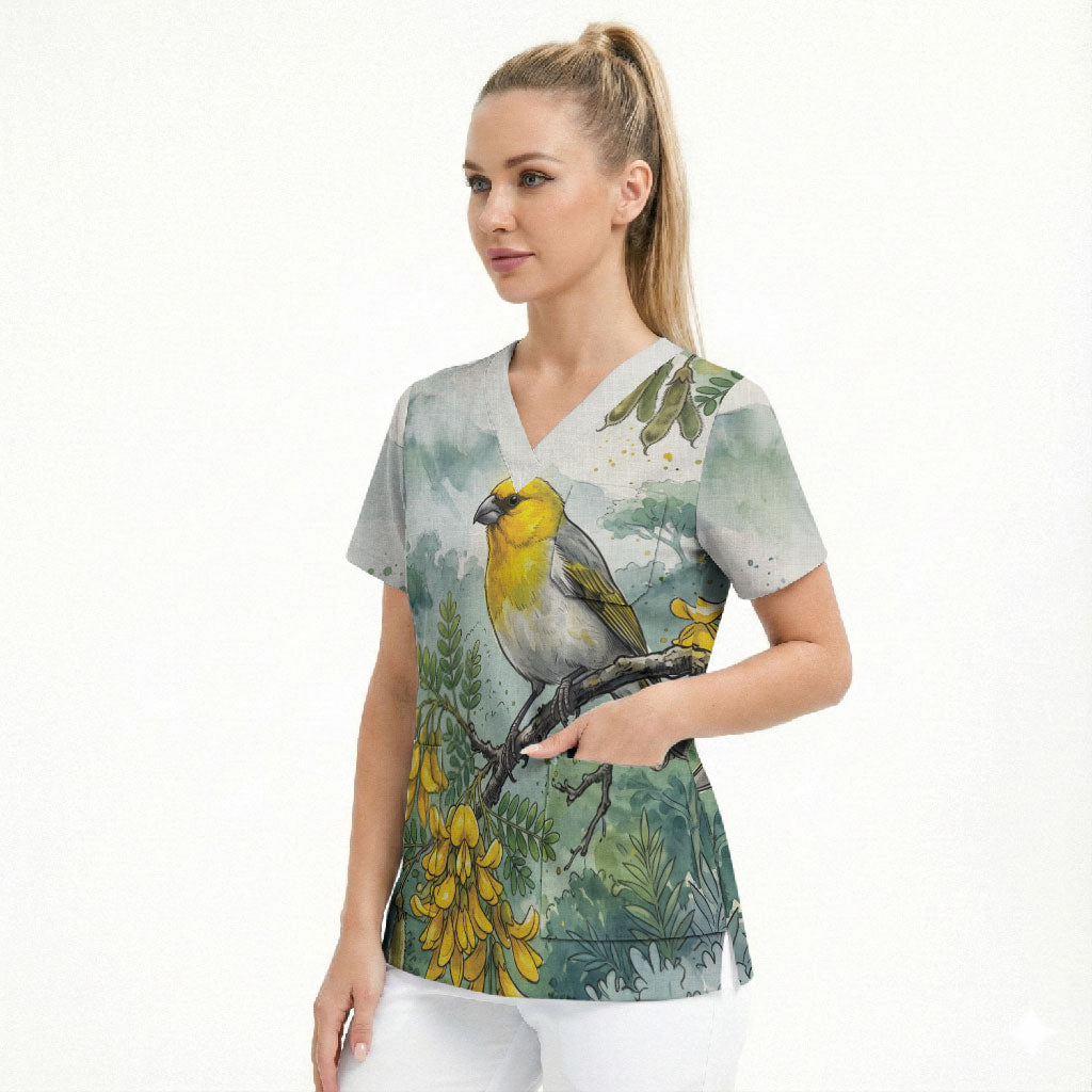 Aloha Hawaii Palila Mamane Watercolor Scrub Top LT14 - Polynesian Pride