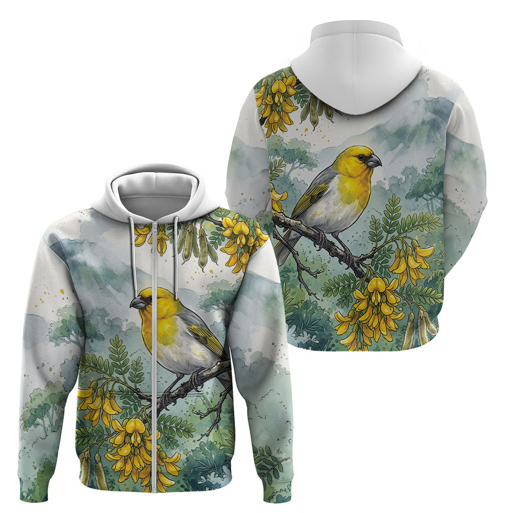 Aloha Hawaii Palila Mamane Watercolor Zip Hoodie