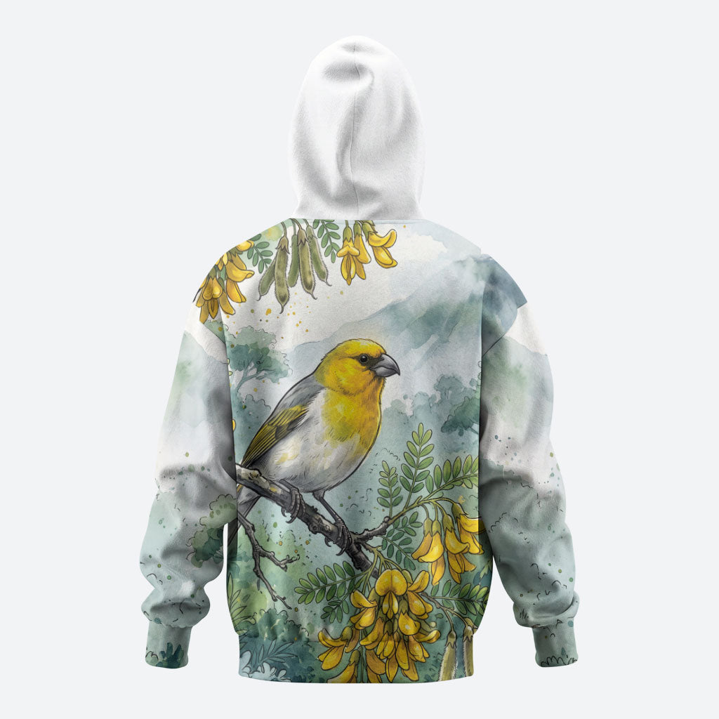 Aloha Hawaii Palila Mamane Watercolor Zip Hoodie