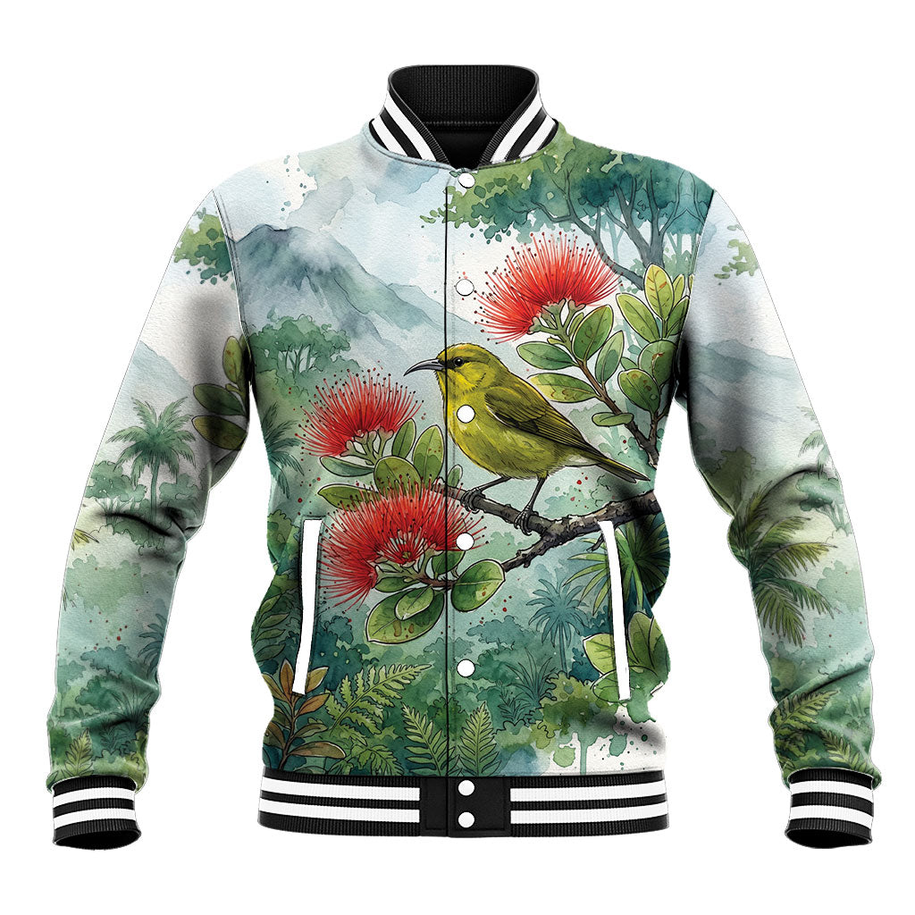Aloha Hawaii Amakihi Ohia Lehua Watercolor Baseball Jacket