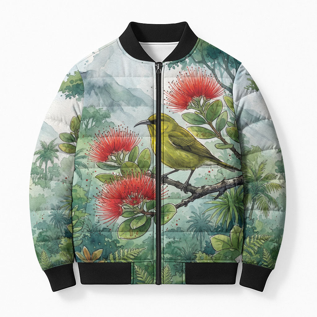 Aloha Hawaii Amakihi Ohia Lehua Watercolor Bomber Puffer Jacket LT14 Unisex Watercolor - Polynesian Pride