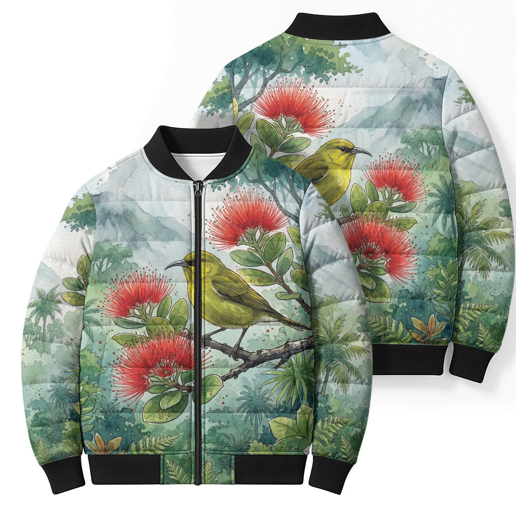 Aloha Hawaii Amakihi Ohia Lehua Watercolor Bomber Puffer Jacket LT14 - Polynesian Pride
