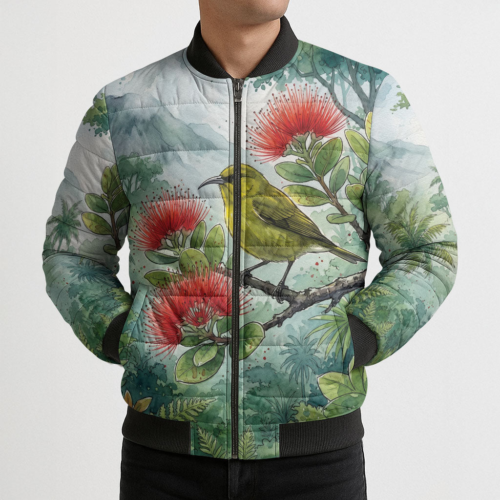 Aloha Hawaii Amakihi Ohia Lehua Watercolor Bomber Puffer Jacket LT14 - Polynesian Pride