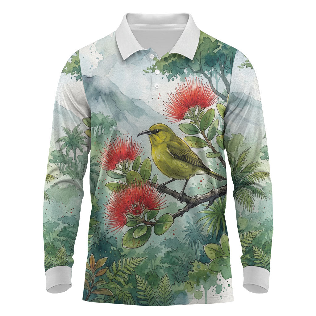 Aloha Hawaii Amakihi Ohia Lehua Watercolor Long Sleeve Polo Shirt