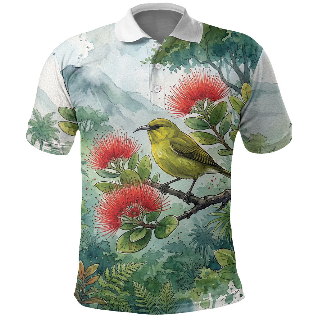 Aloha Hawaii Amakihi Ohia Lehua Watercolor Polo Shirt